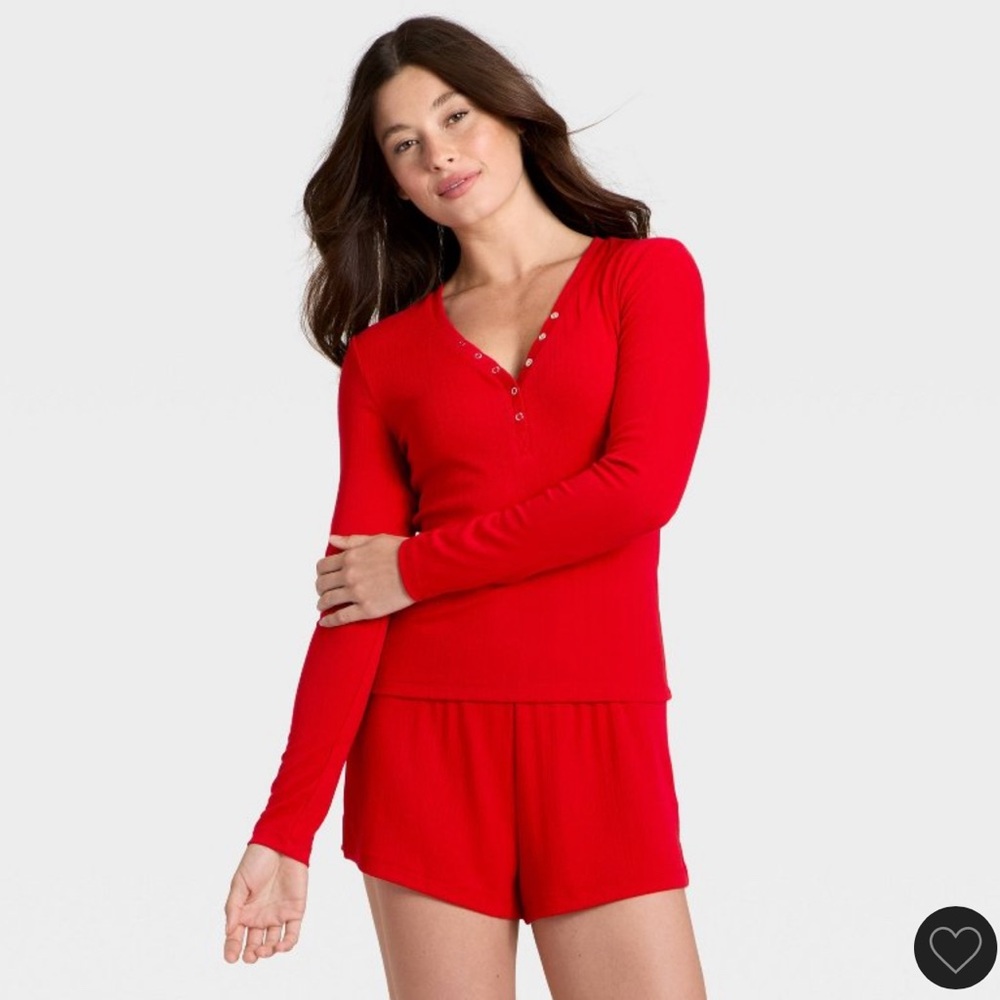 Women's Ribbed Long Sleeve Shirt and Shorts Pajama Set - Auden Red L